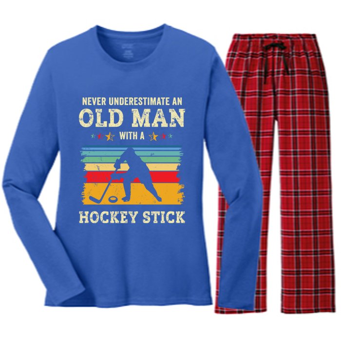 Old With A Hockey Stick Funny Ice Hockey Gift Father Dad Funny Gift Women's Long Sleeve Flannel Pajama Set 