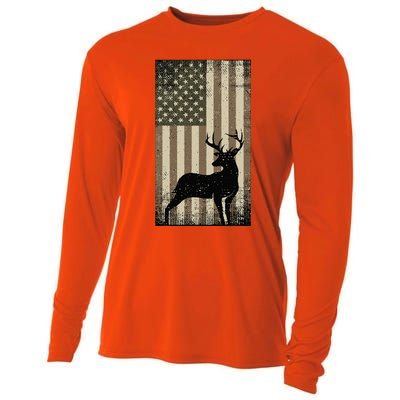 Outdoor Whitetail Buck Deer Usa Flag Big Game Hunter Cooling Performance Long Sleeve Crew