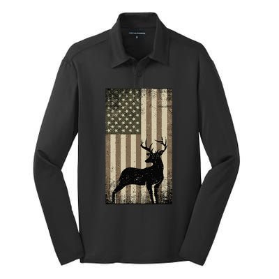 Outdoor Whitetail Buck Deer Usa Flag Big Game Hunter Silk Touch Performance Long Sleeve Polo