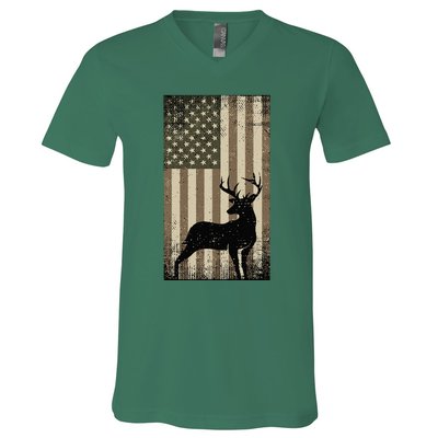 Outdoor Whitetail Buck Deer Usa Flag Big Game Hunter V-Neck T-Shirt