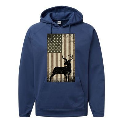 Outdoor Whitetail Buck Deer Usa Flag Big Game Hunter Performance Fleece Hoodie