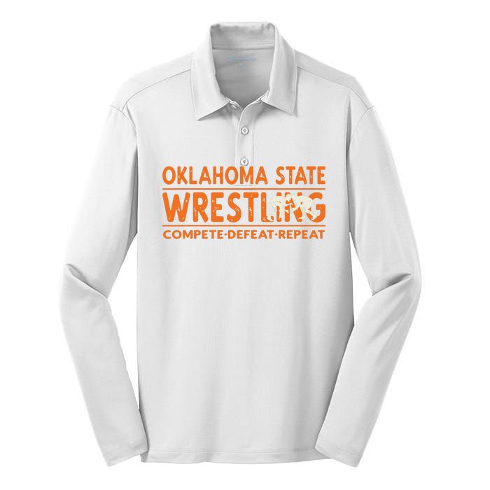 Oklahoma Wrestling Compete Defeat Repeat Silk Touch Performance Long Sleeve Polo