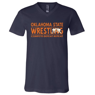 Oklahoma Wrestling Compete Defeat Repeat V-Neck T-Shirt