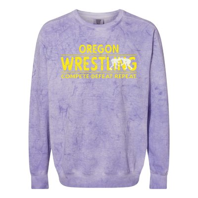 Oregon Wrestling Compete Defeat Repeat Colorblast Crewneck Sweatshirt