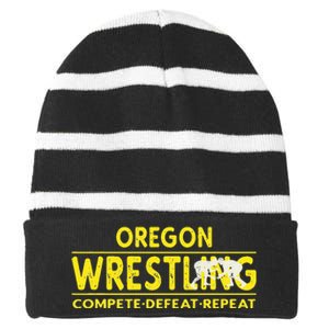 Oregon Wrestling Compete Defeat Repeat Striped Beanie with Solid Band