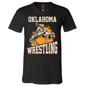 Oklahoma Wrestling Dad Mom Gift For Wrestler Son V-Neck T-Shirt