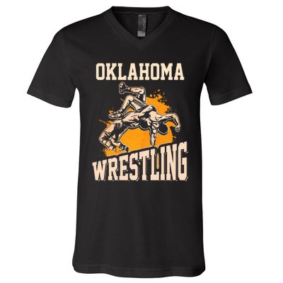 Oklahoma Wrestling Dad Mom Gift For Wrestler Son V-Neck T-Shirt