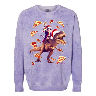 Oh What Fun It Is To Ride Christmas Pizza Cat Riding Trex Gift Colorblast Crewneck Sweatshirt