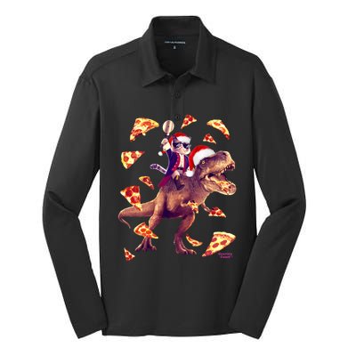 Oh What Fun It Is To Ride Christmas Pizza Cat Riding Trex Gift Silk Touch Performance Long Sleeve Polo