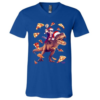 Oh What Fun It Is To Ride Christmas Pizza Cat Riding Trex Gift V-Neck T-Shirt