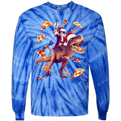 Oh What Fun It Is To Ride Christmas Pizza Cat Riding Trex Gift Tie-Dye Long Sleeve Shirt