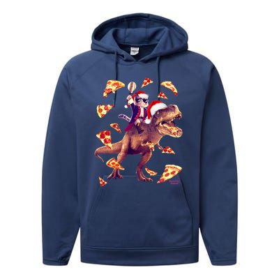 Oh What Fun It Is To Ride Christmas Pizza Cat Riding Trex Gift Performance Fleece Hoodie