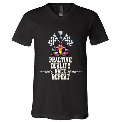 Open Wheel Formula Racing Car Practice Qualify Race Repeat V-Neck T-Shirt