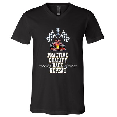 Open Wheel Formula Racing Car Practice Qualify Race Repeat V-Neck T-Shirt