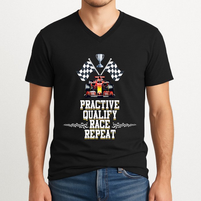 Open Wheel Formula Racing Car Practice Qualify Race Repeat V-Neck T-Shirt