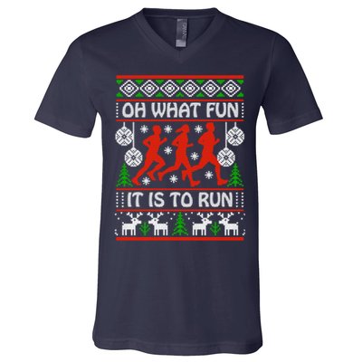 Oh What Fun It Is To Run Ugly Christmas V-Neck T-Shirt