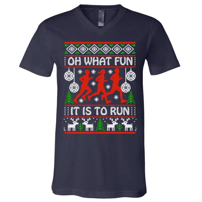 Oh What Fun It Is To Run Ugly Christmas V-Neck T-Shirt