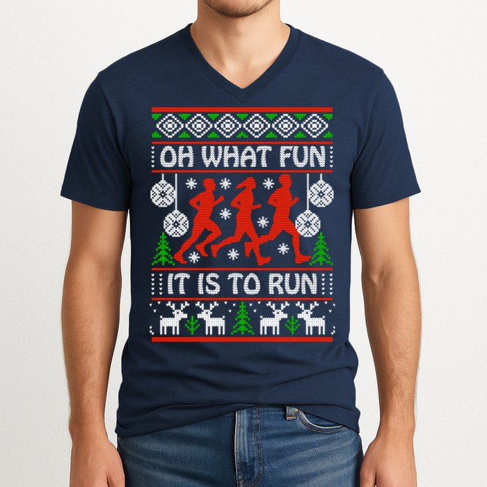 Oh What Fun It Is To Run Ugly Christmas V-Neck T-Shirt