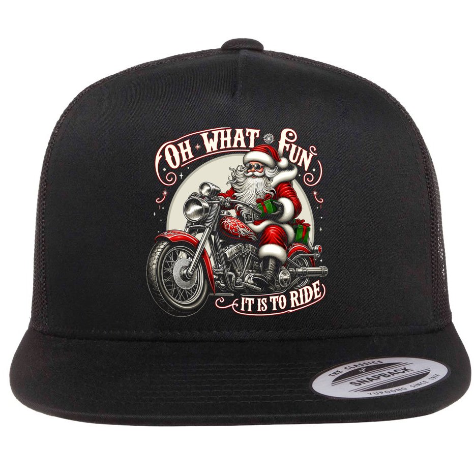 Oh What Fun It Is To Ride Motorcycle Biker Santa Xmas Gift Flat Bill Trucker Hat