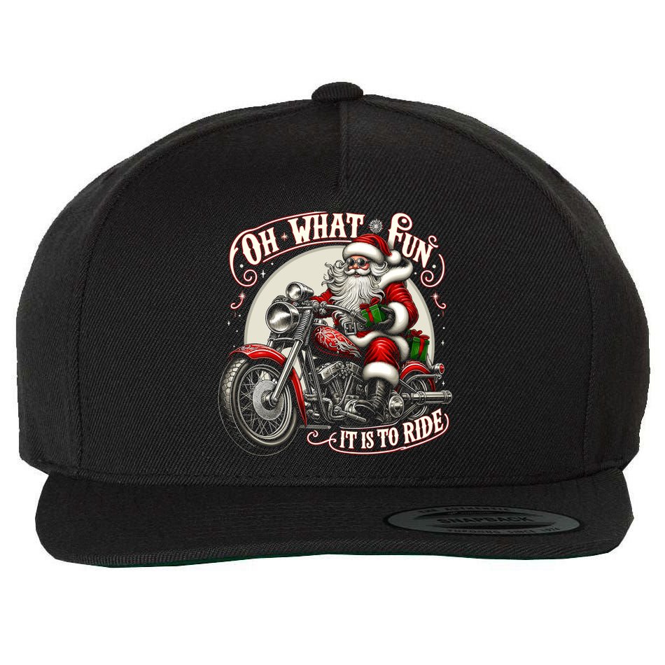 Oh What Fun It Is To Ride Motorcycle Biker Santa Xmas Gift Wool Snapback Cap