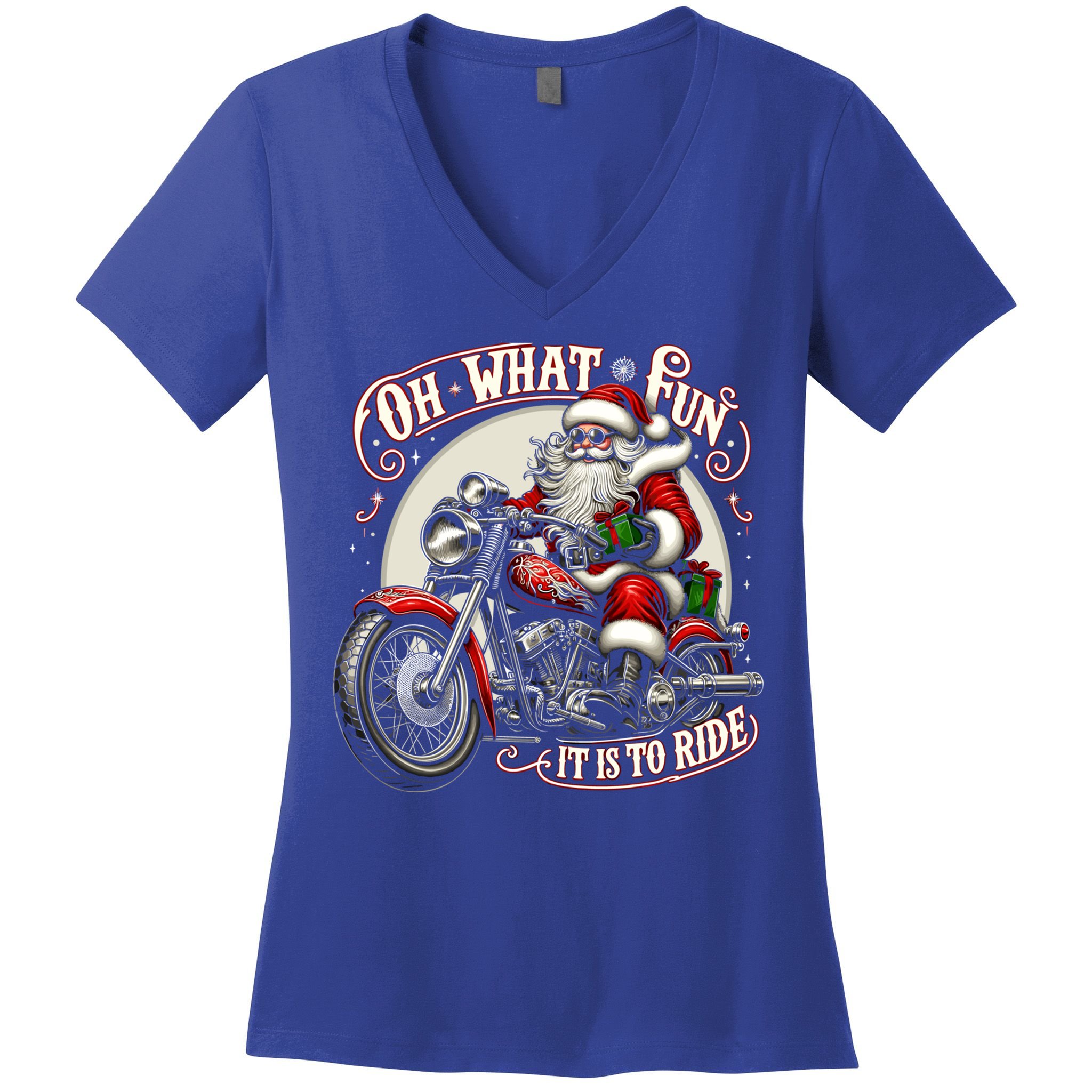 Oh What Fun It Is To Ride Motorcycle Biker Santa Xmas Gift Women's V-Neck T-Shirt
