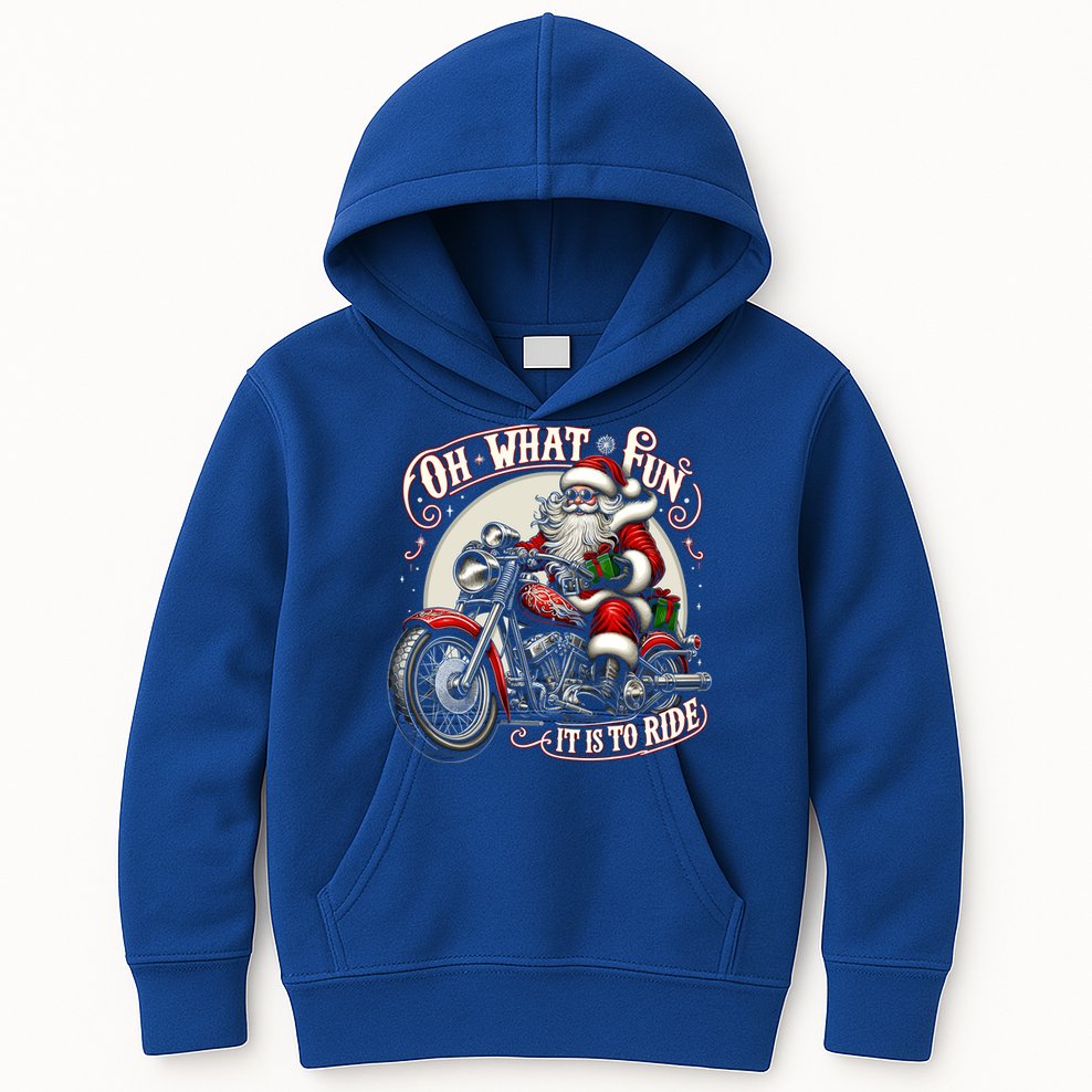 Oh What Fun It Is To Ride Motorcycle Biker Santa Xmas Gift Kids Hoodie