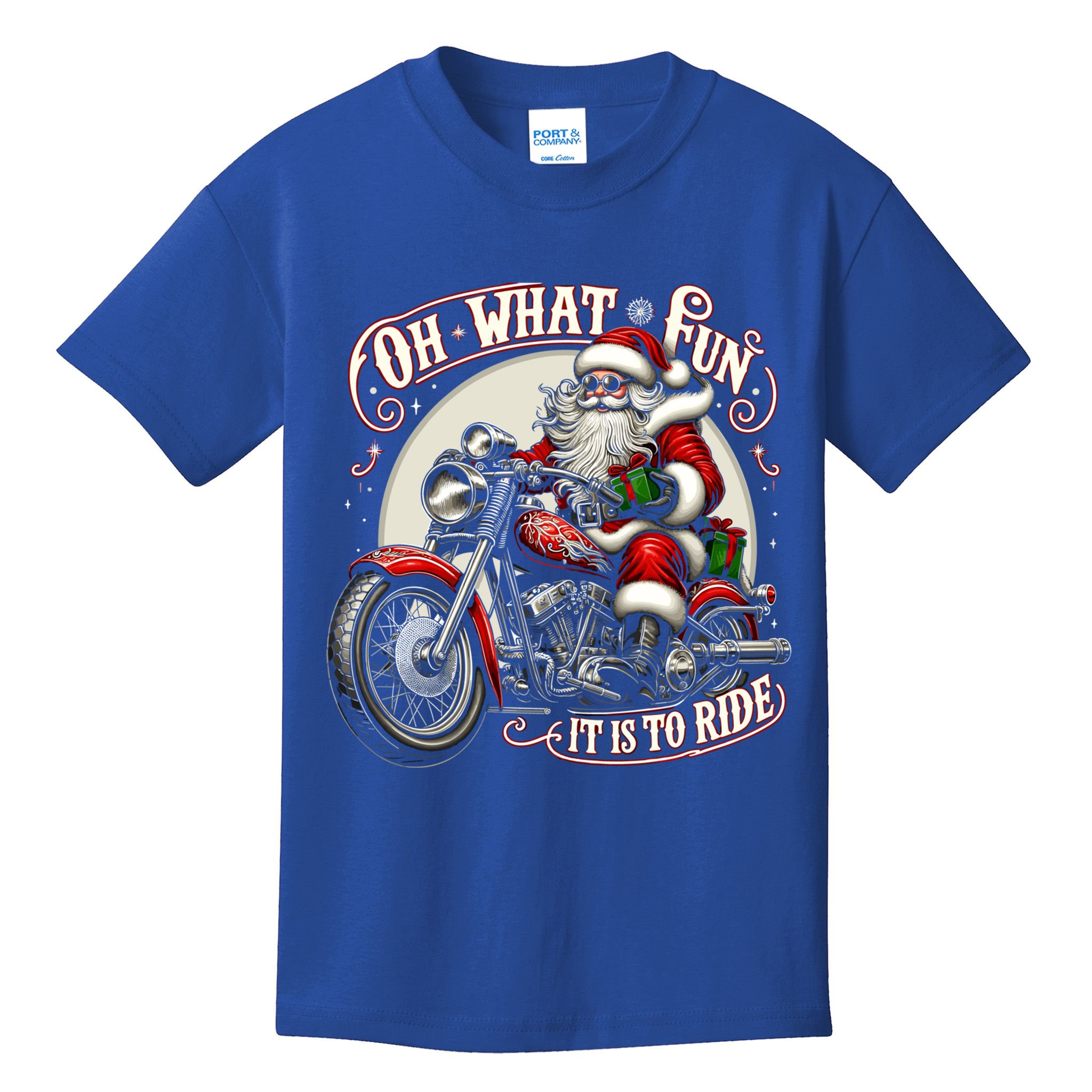 Oh What Fun It Is To Ride Motorcycle Biker Santa Xmas Gift Kids T-Shirt