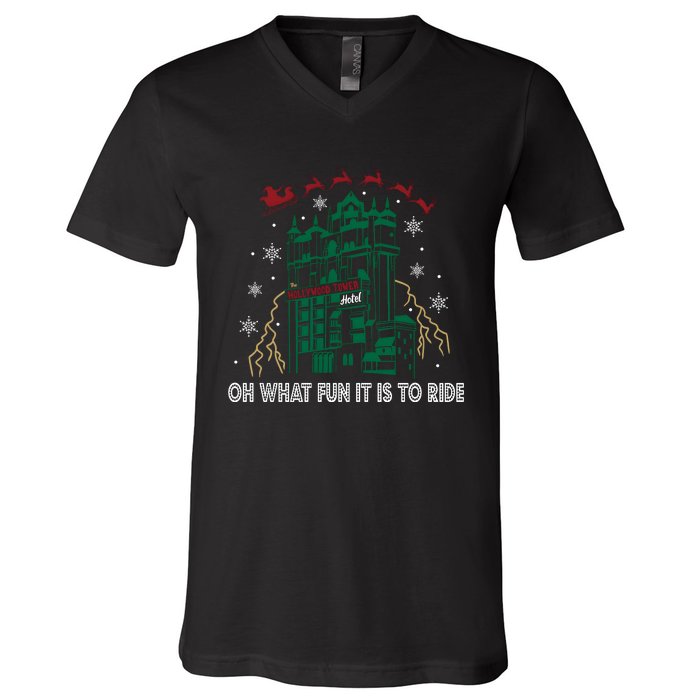 Oh What Fun It Is To Ride Tower Of Terror Christmas V-Neck T-Shirt