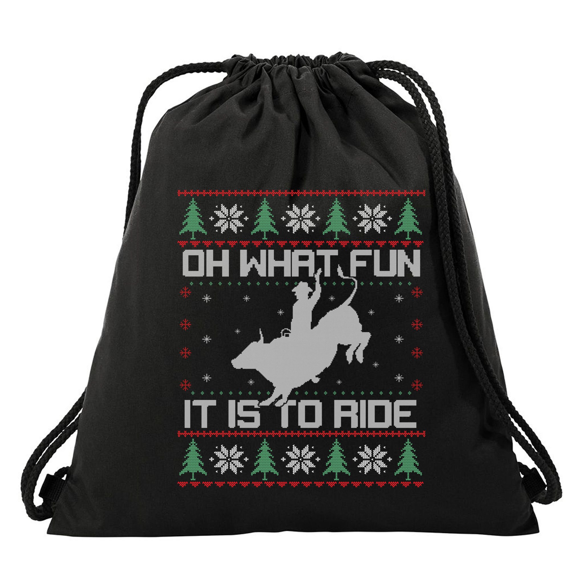 Oh What Fun Bull Riding Christmas Cow Western Xmas Gift Drawstring Bag