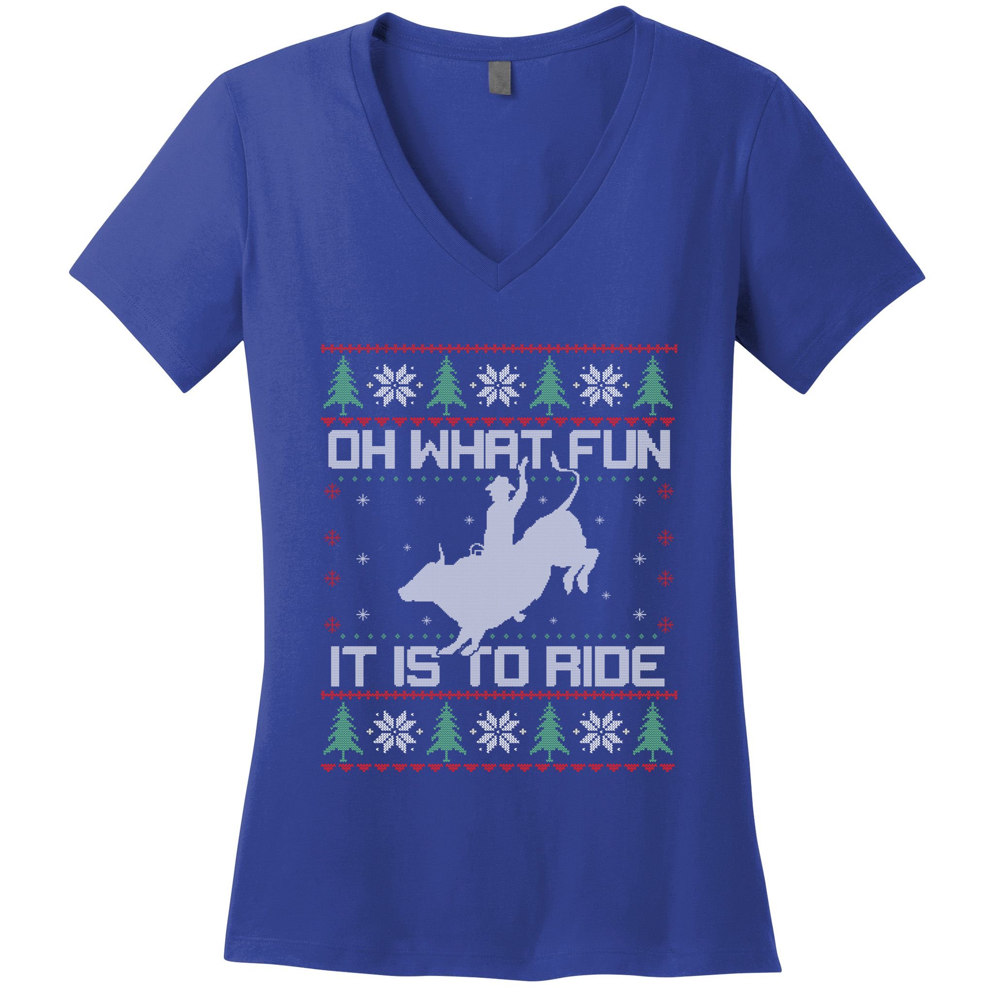 Oh What Fun Bull Riding Christmas Cow Western Xmas Gift Women's V-Neck T-Shirt