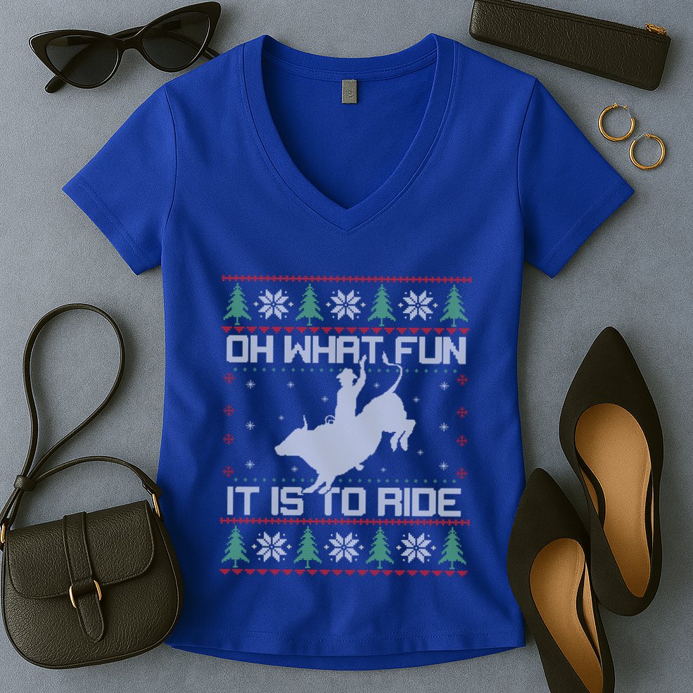 Oh What Fun Bull Riding Christmas Cow Western Xmas Gift Women's V-Neck T-Shirt