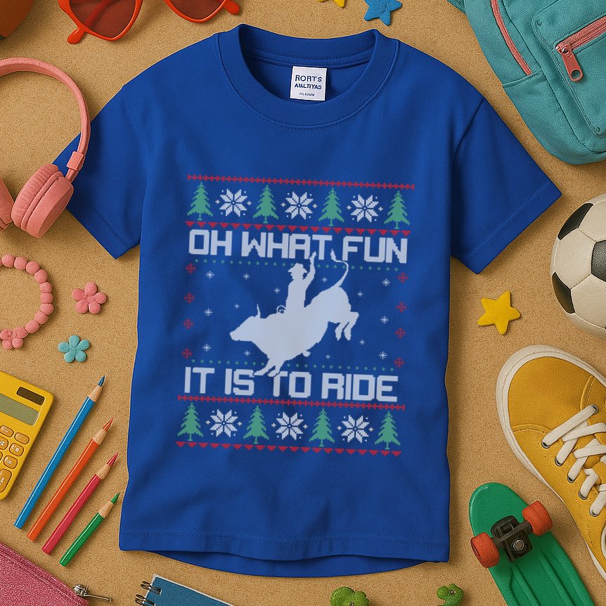 Oh What Fun Bull Riding Christmas Cow Western Xmas Gift Kids T-Shirt