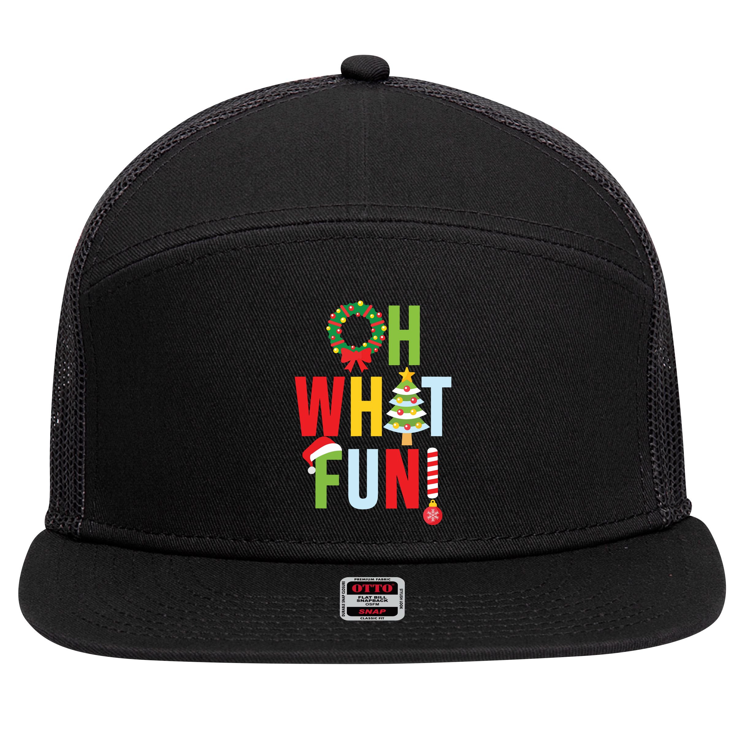 Oh What Fun Christmas With Wreath And Tree 7 Panel Mesh Trucker Snapback Hat