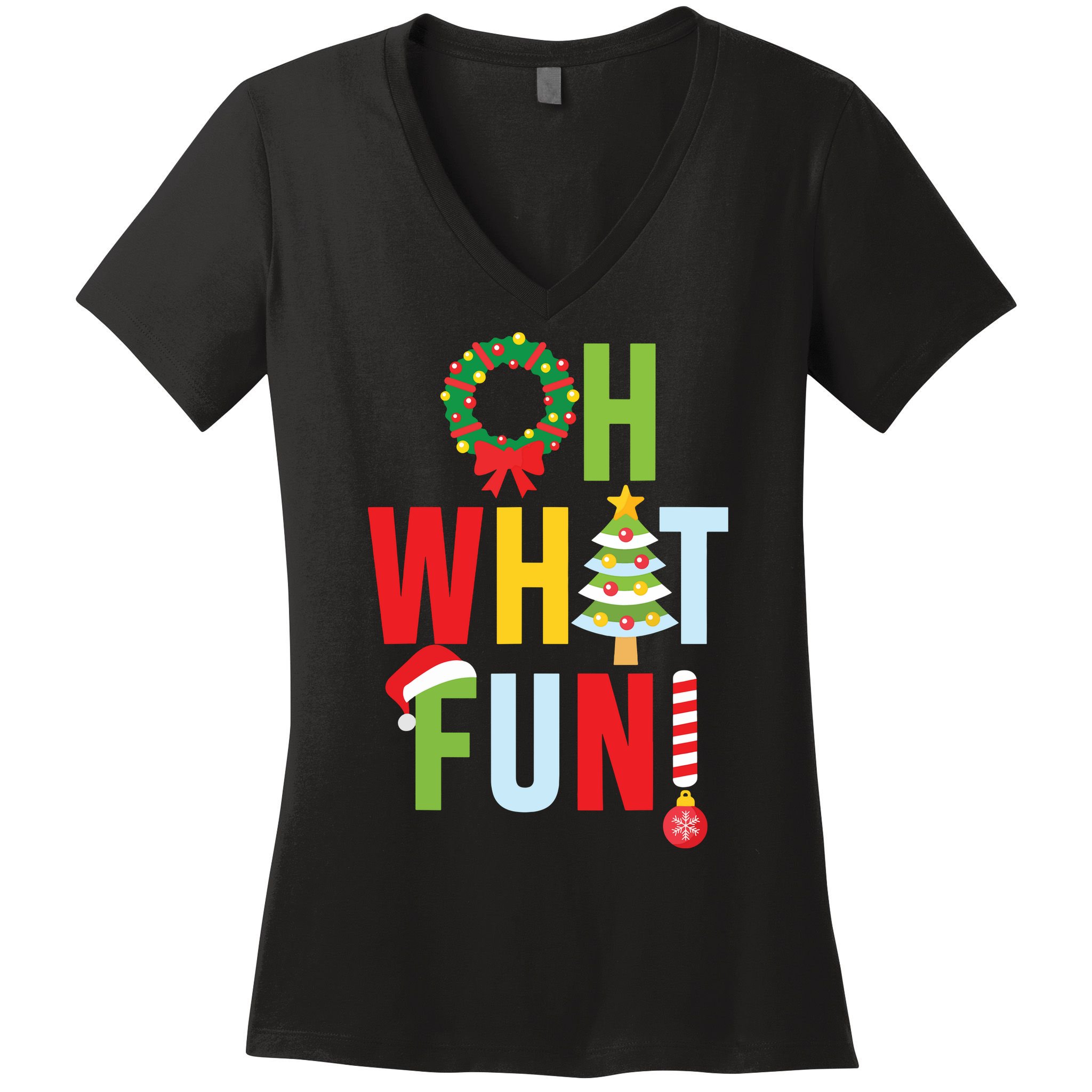 Oh What Fun Christmas With Wreath And Tree Women's V-Neck T-Shirt