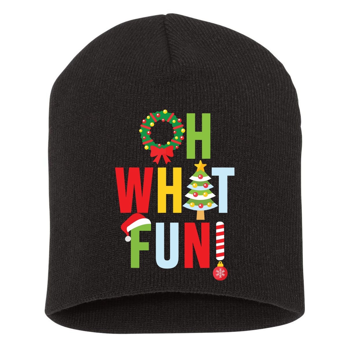 Oh What Fun Christmas With Wreath And Tree Short Acrylic Beanie