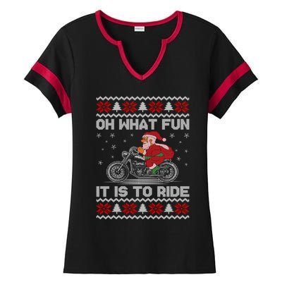 Oh What Fun It Is To Ride Funny Christmas Ugly Sweater Santa Gift Ladies Halftime Notch Neck Tee