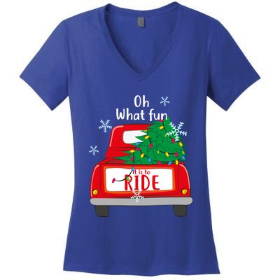 Oh What Fun It Is To Ride Christmas Tree Red Truck Xmas Cool Gift Women's V-Neck T-Shirt