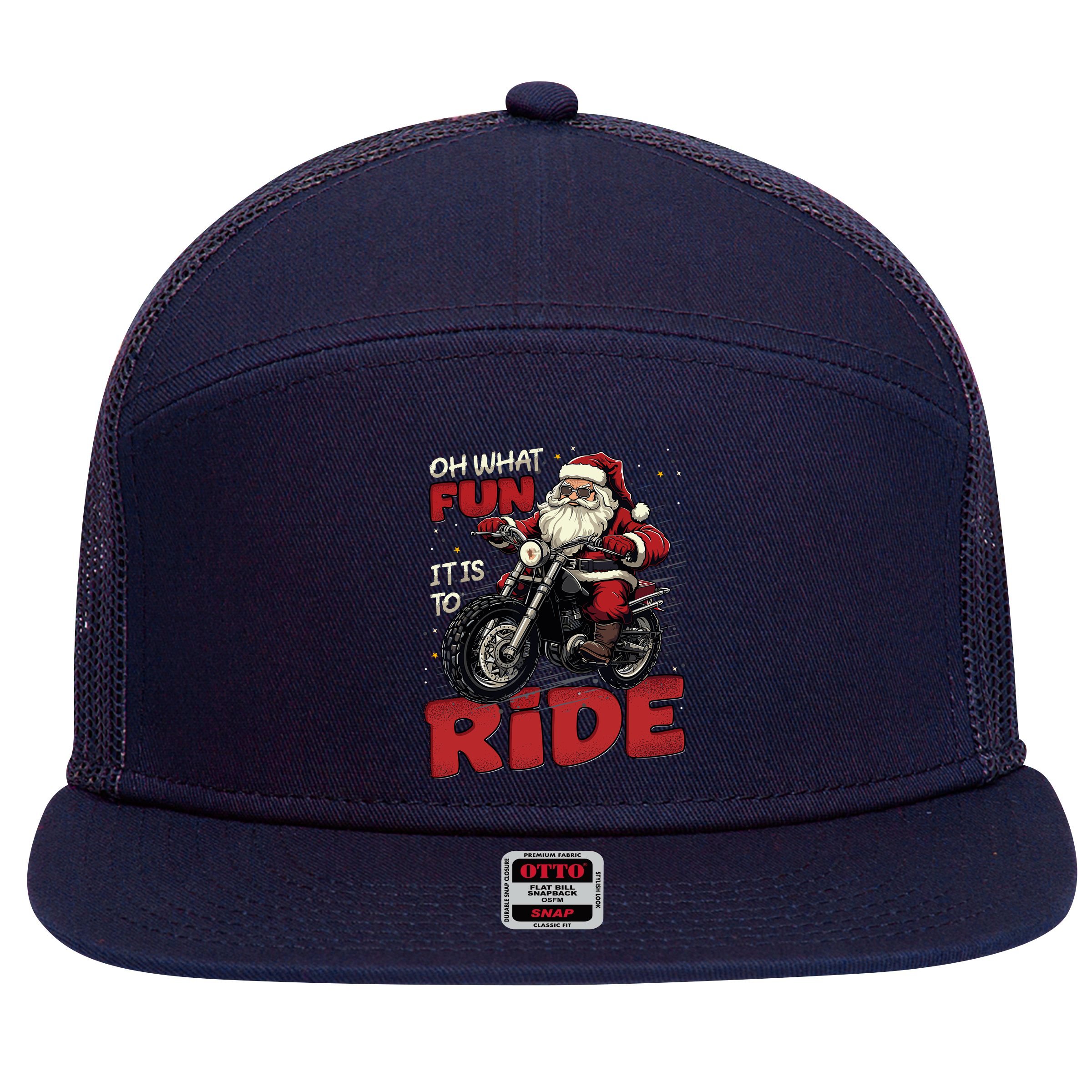 Oh What Fun It Is To Ride Funny Biker Santa On A Motorcycle 7 Panel Mesh Trucker Snapback Hat