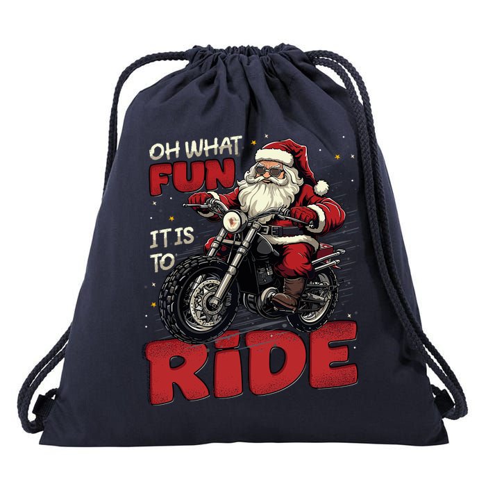 Oh What Fun It Is To Ride Funny Biker Santa On A Motorcycle Drawstring Bag