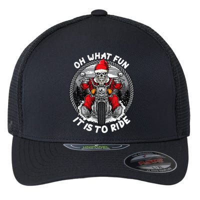 Oh What Fun It Is To Ride Christmas Santa Motorcycle Biker Flexfit Unipanel Trucker Cap
