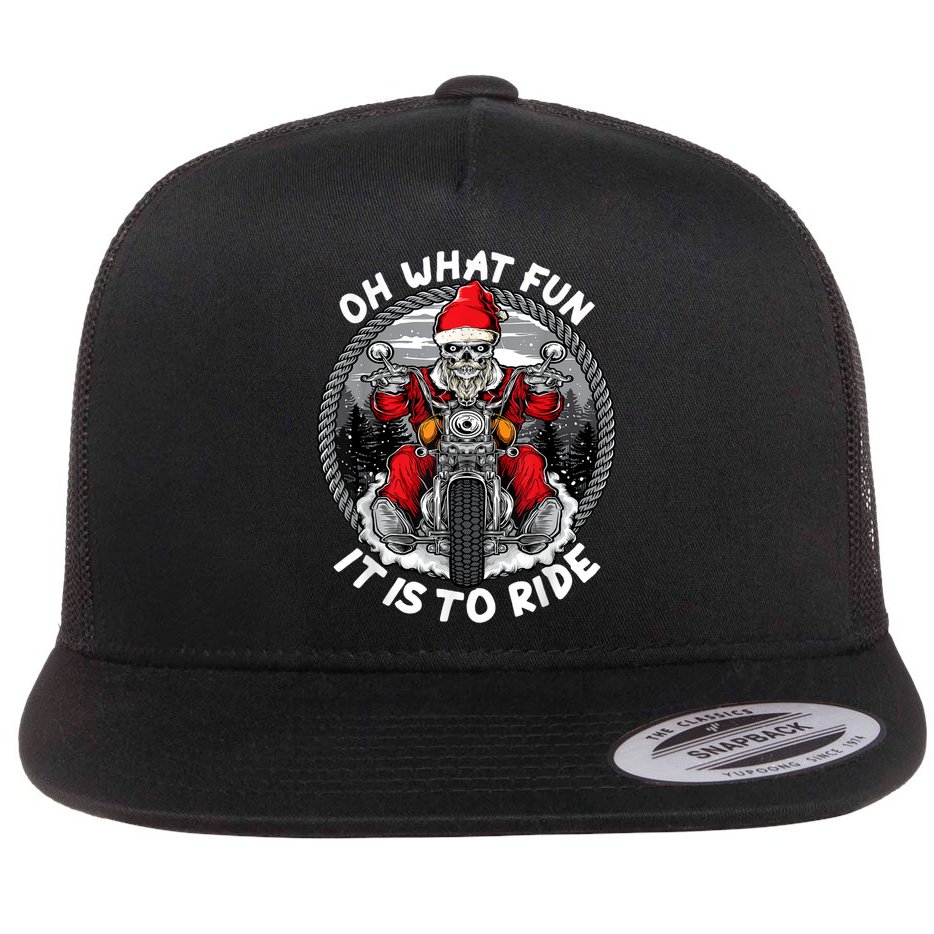 Oh What Fun It Is To Ride Christmas Santa Motorcycle Biker Flat Bill Trucker Hat