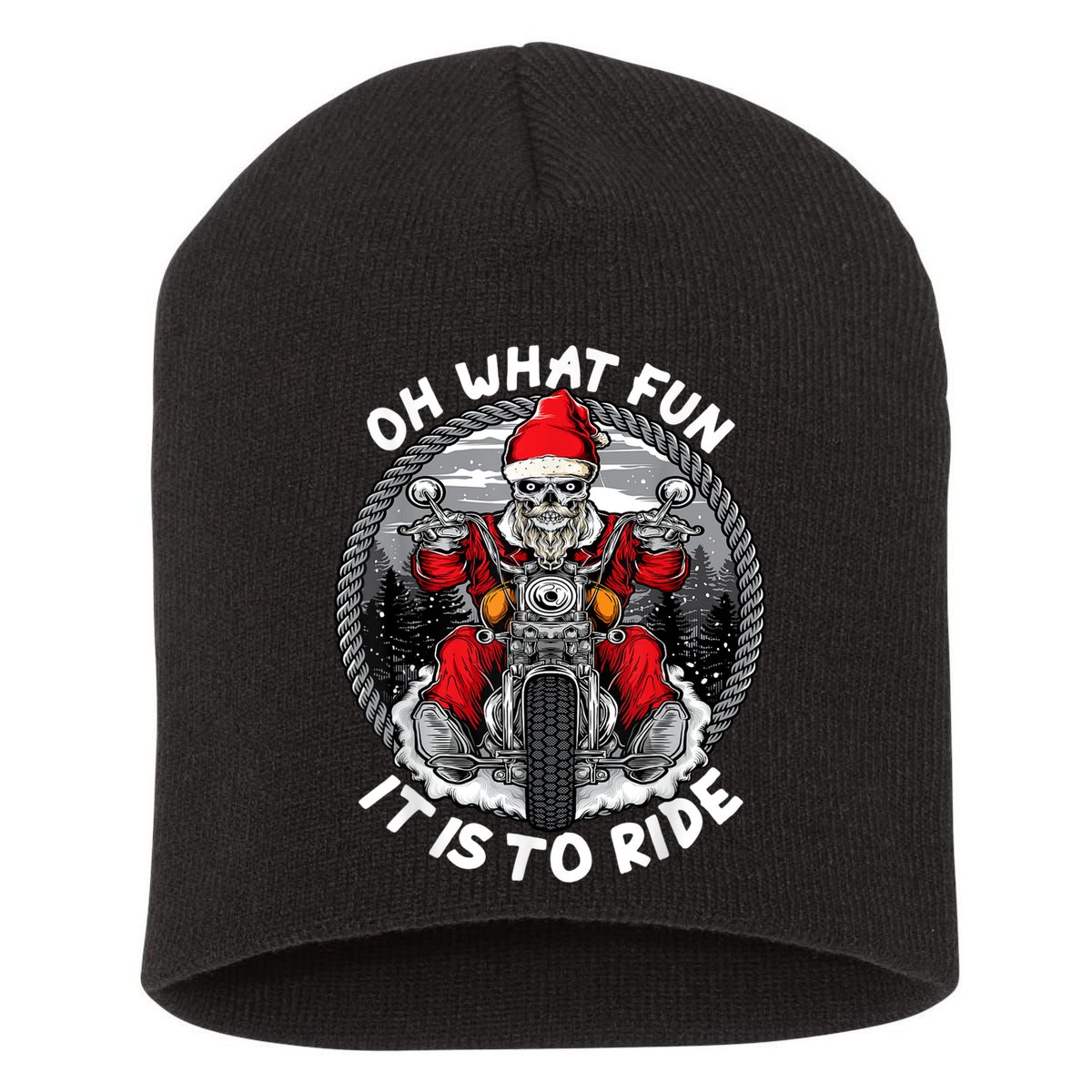 Oh What Fun It Is To Ride Christmas Santa Motorcycle Biker Short Acrylic Beanie