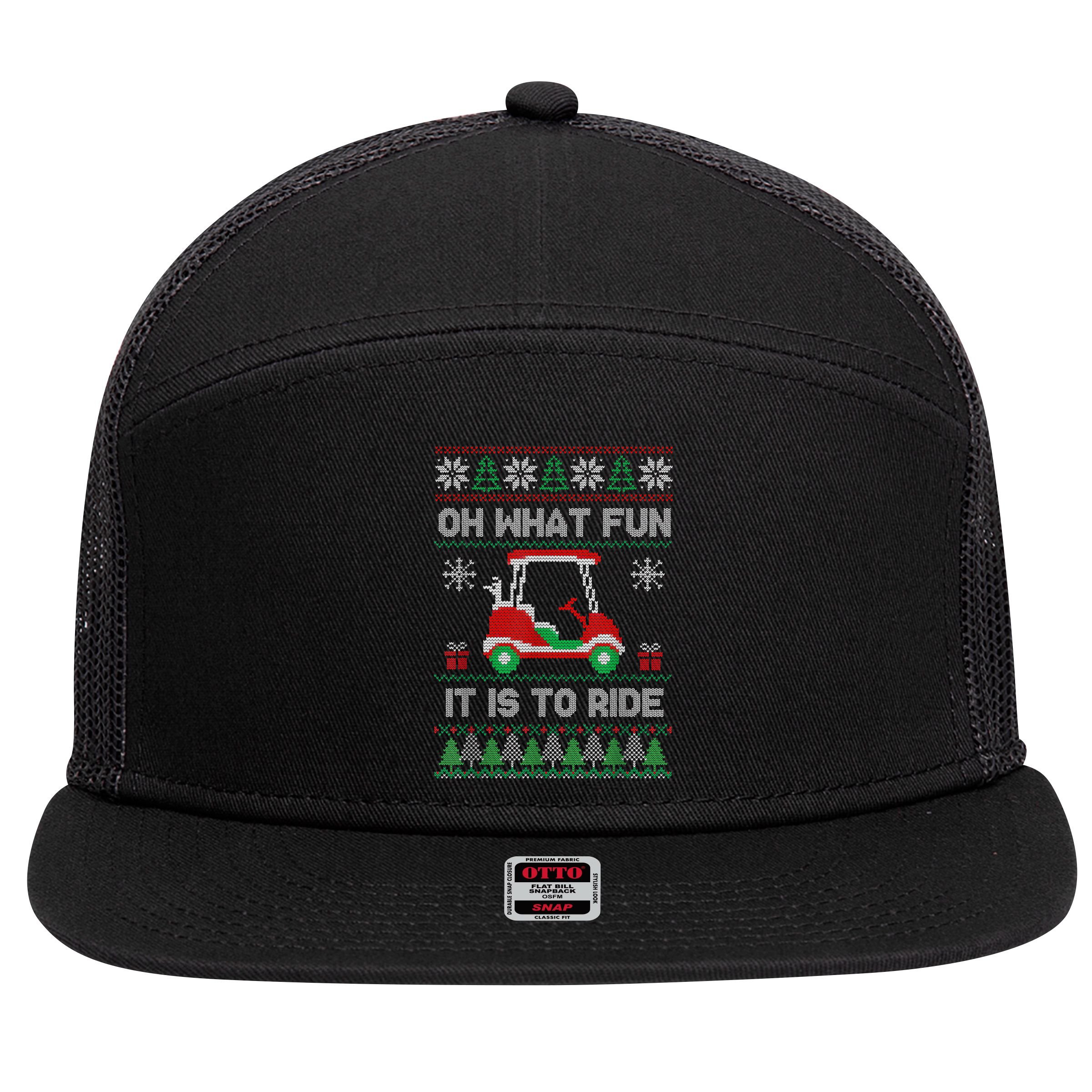 Oh What Fun It Is To Ride Golf Cart Golfer Christmas Golfing 7 Panel Mesh Trucker Snapback Hat