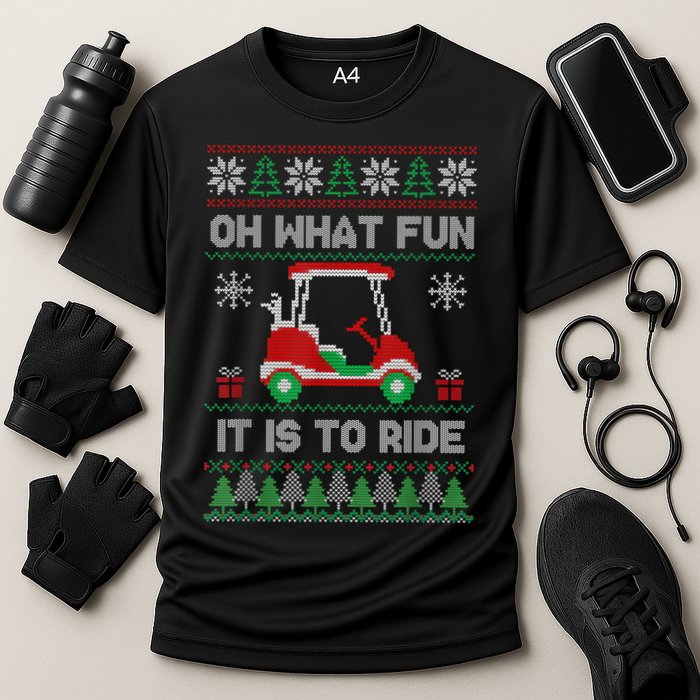 Oh What Fun It Is To Ride Golf Cart Golfer Christmas Golfing Cooling Performance Crew T-Shirt