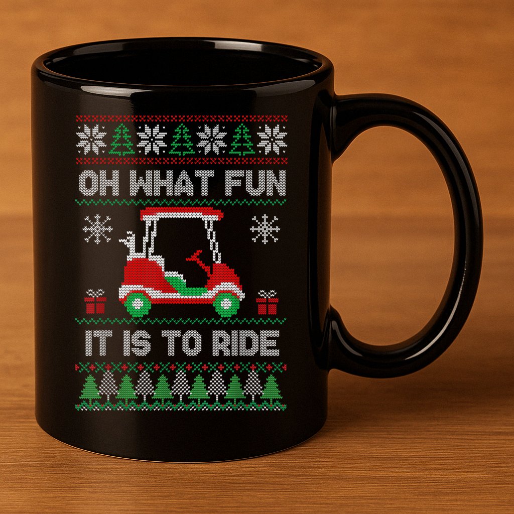 Oh What Fun It Is To Ride Golf Cart Golfer Christmas Golfing 11oz C Handle Ceramic Mug
