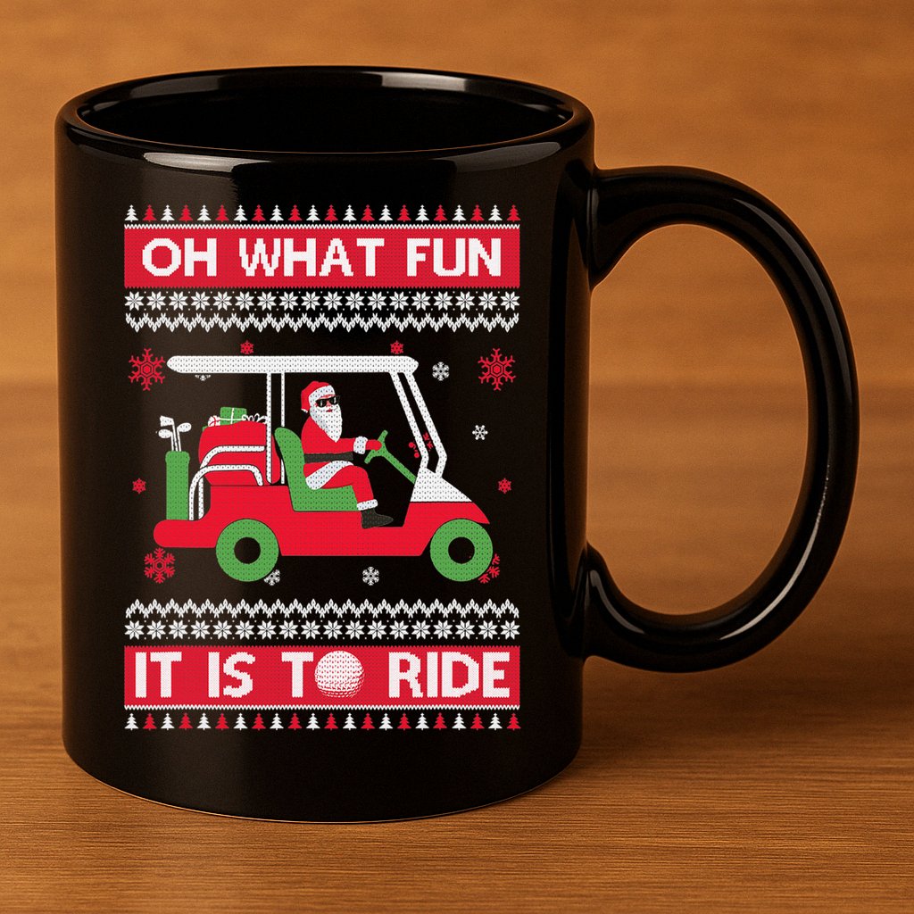 Oh What Fun It Is To Ride Golf Cart Golfer Christmas Sweater 11oz C Handle Ceramic Mug