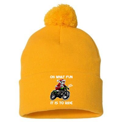 Oh What Fun It Is To Ride Motorcycle Christmas Pajama Gifts Premium Pom Pom 12in Knit Beanie