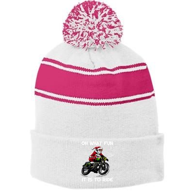 Oh What Fun It Is To Ride Motorcycle Christmas Pajama Gifts Premium Stripe Pom Pom Beanie