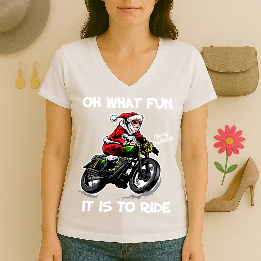 Oh What Fun It Is To Ride Motorcycle Christmas Pajama Gifts Premium Women's V-Neck T-Shirt