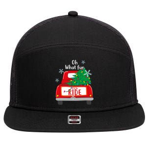 Oh What Fun It Is To Ride Christmas Tree Red Truck Xmas Gift 7 Panel Mesh Trucker Snapback Hat